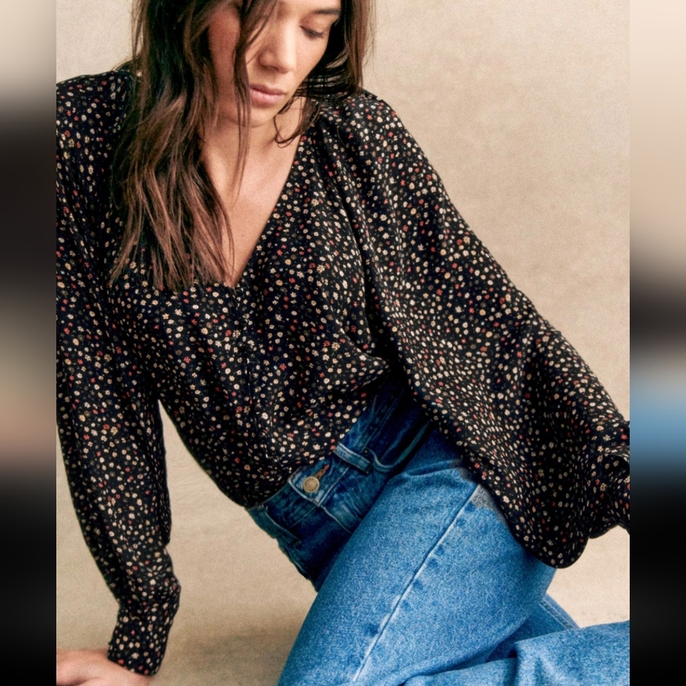 Sezane Erica Black Floral Blouse